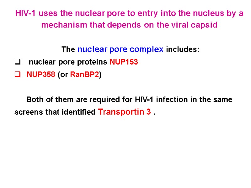 HIV-1 uses the nuclear pore to entry into the nucleus by a mechanism that